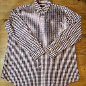 Club Room 100% Cotton Long Sleeve Red White Blue Plaid Button Up Shirt Size L